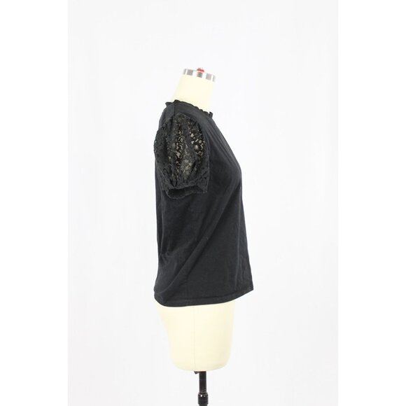 THE KOOPLES Black Cotton Jersey Lace Puff Sleeve Crew Neck T-Shirt Top, Size 1/S - Picture 2 of 11